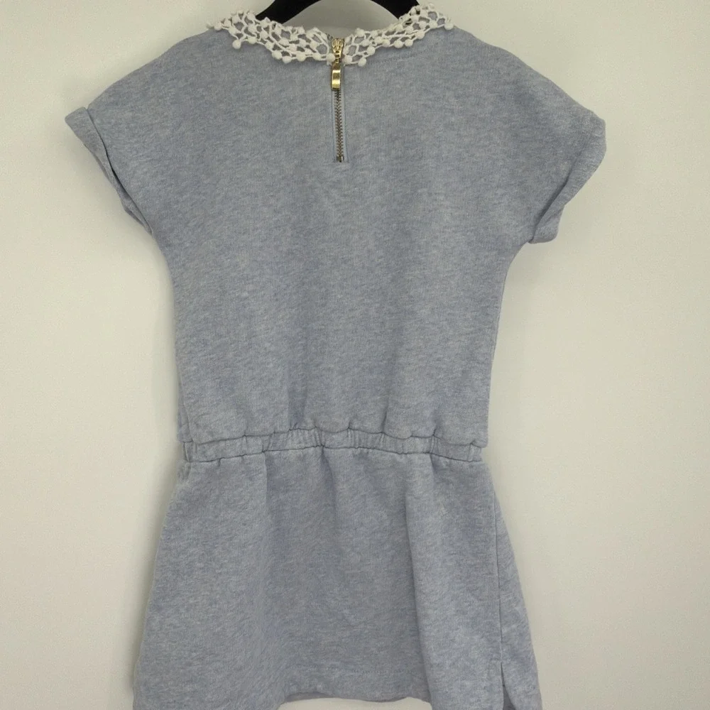 Lili Gaufrette Sz 6 Powder Blue Heather Jersey Dress Lace Collar‎ Bow France